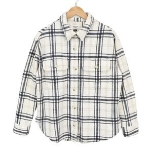 American Eagle Cozy Soft Button Up Fleece Shacket Black Ivory Plaid Size Small